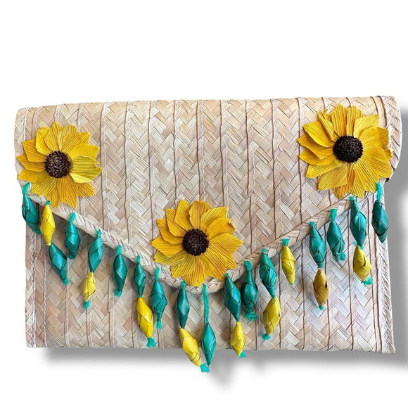Unbranded Handbags - Handwoven Straw Clutch Sunflower Decor Boho Wicker Purse Artisan Beach Bag